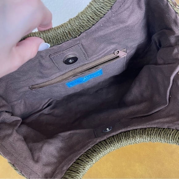 Blue Miami Woven Wooden Handle Button Embellished Bohemian Purse - Picture 7 of 11